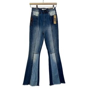 Madden NYC Ultra High Rise‎ Flare Jeans Boho Size 3 DTWD Patchwork Denim